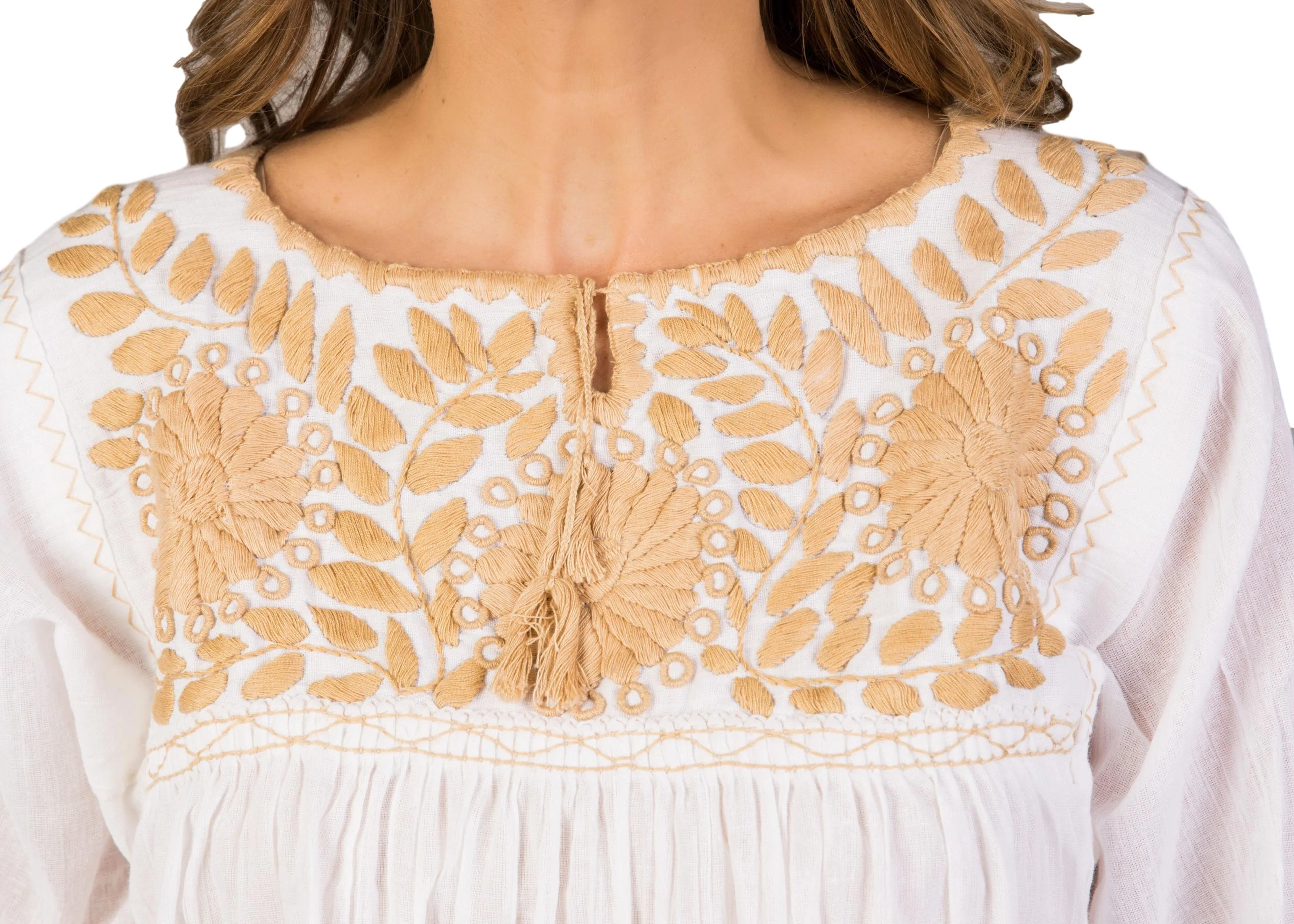 Girasole Hand-Embroidered Mexican Top - White, Taupe