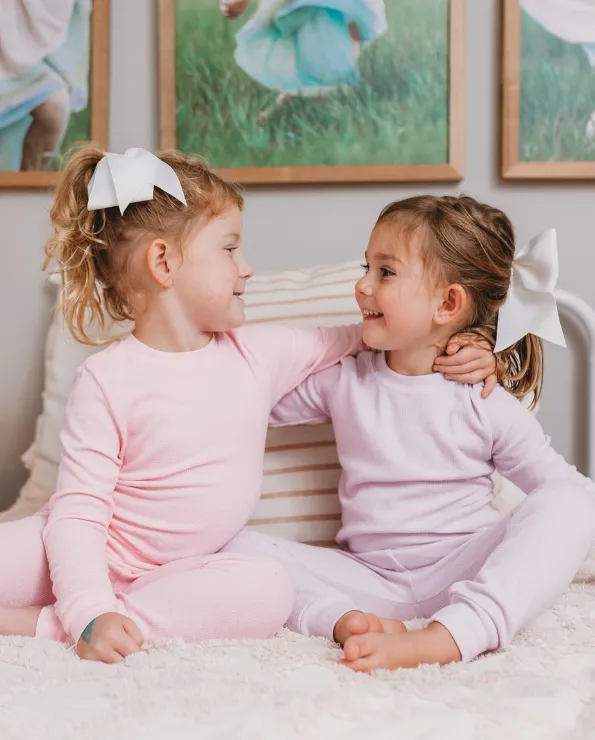 Girls Soft & Cozy Thermal 2-Piece Long Johns | Hot Pink w- Light Pink Stitch