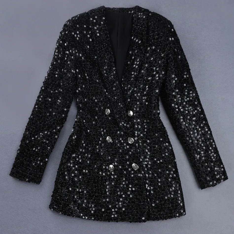 Glitter Runway Black Blazers with Double Lion Buttons Shawl Collar