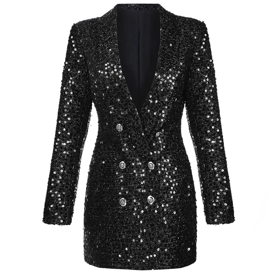 Glitter Runway Black Blazers with Double Lion Buttons Shawl Collar