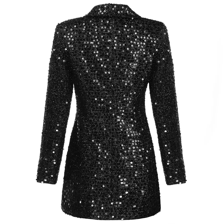 Glitter Runway Black Blazers with Double Lion Buttons Shawl Collar