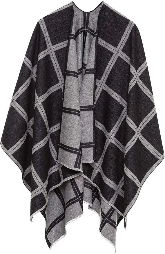 Gray-Black Luxurious Knit Sweater Poncho Cardigan