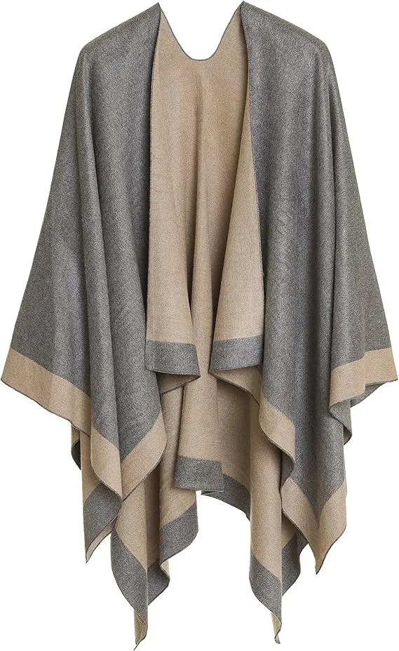 Gray-Black Luxurious Knit Sweater Poncho Cardigan