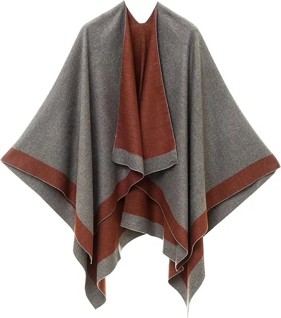 Gray-Black Luxurious Knit Sweater Poncho Cardigan