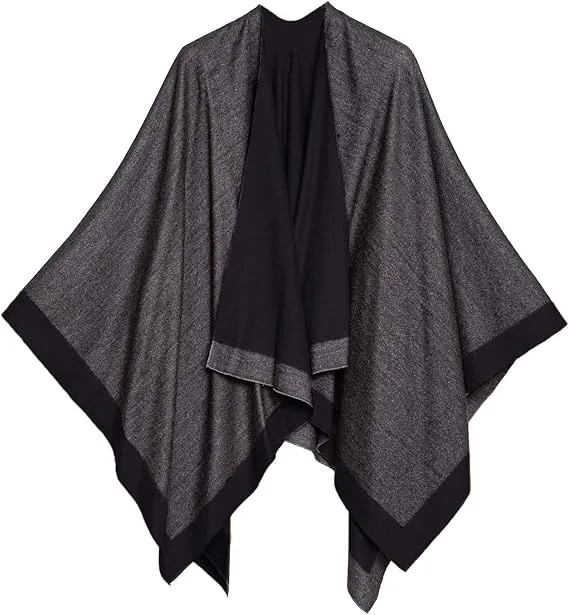 Gray-Black Luxurious Knit Sweater Poncho Cardigan