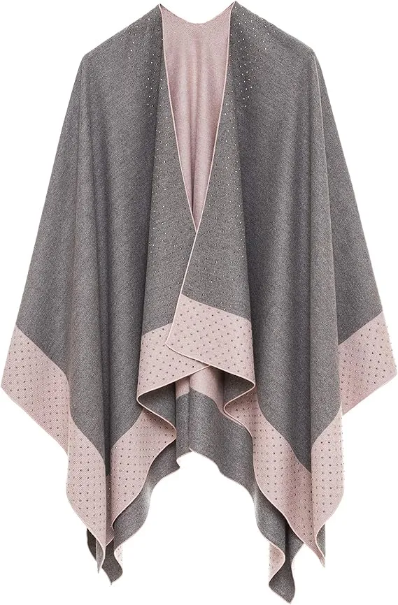 Gray-Black Luxurious Knit Sweater Poncho Cardigan