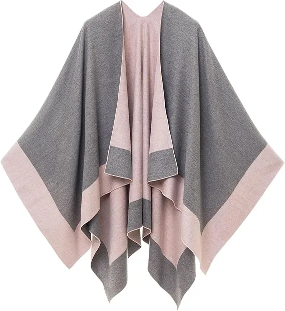 Gray-Black Luxurious Knit Sweater Poncho Cardigan