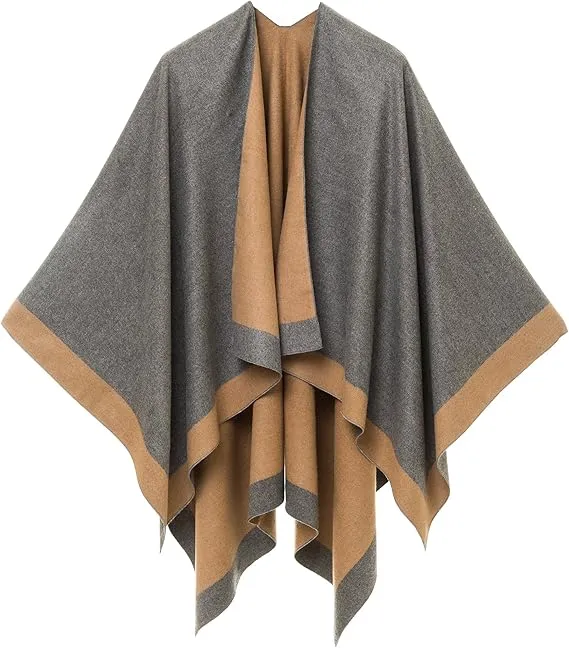 Gray-Black Luxurious Knit Sweater Poncho Cardigan