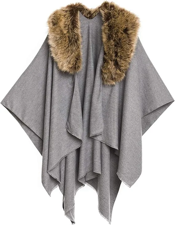 Gray-Black Luxurious Knit Sweater Poncho Cardigan