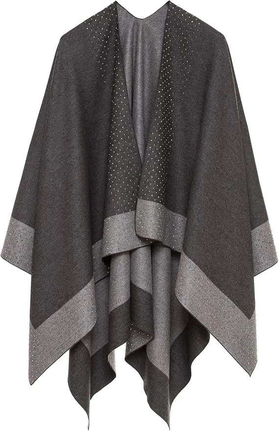 Gray-Black Luxurious Knit Sweater Poncho Cardigan