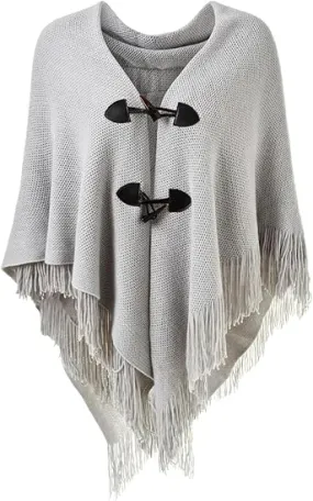 Gray Knit Fringe Winter Poncho