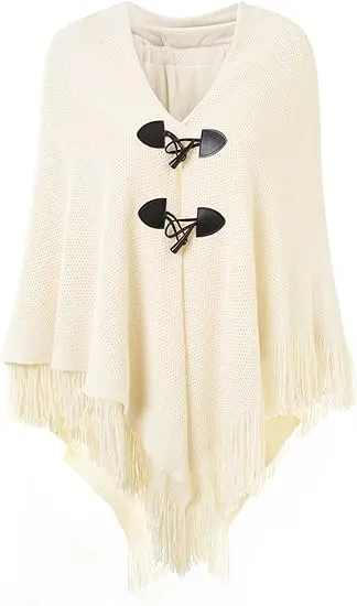 Gray Knit Fringe Winter Poncho