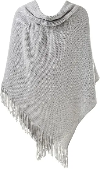 Gray Knit Fringe Winter Poncho