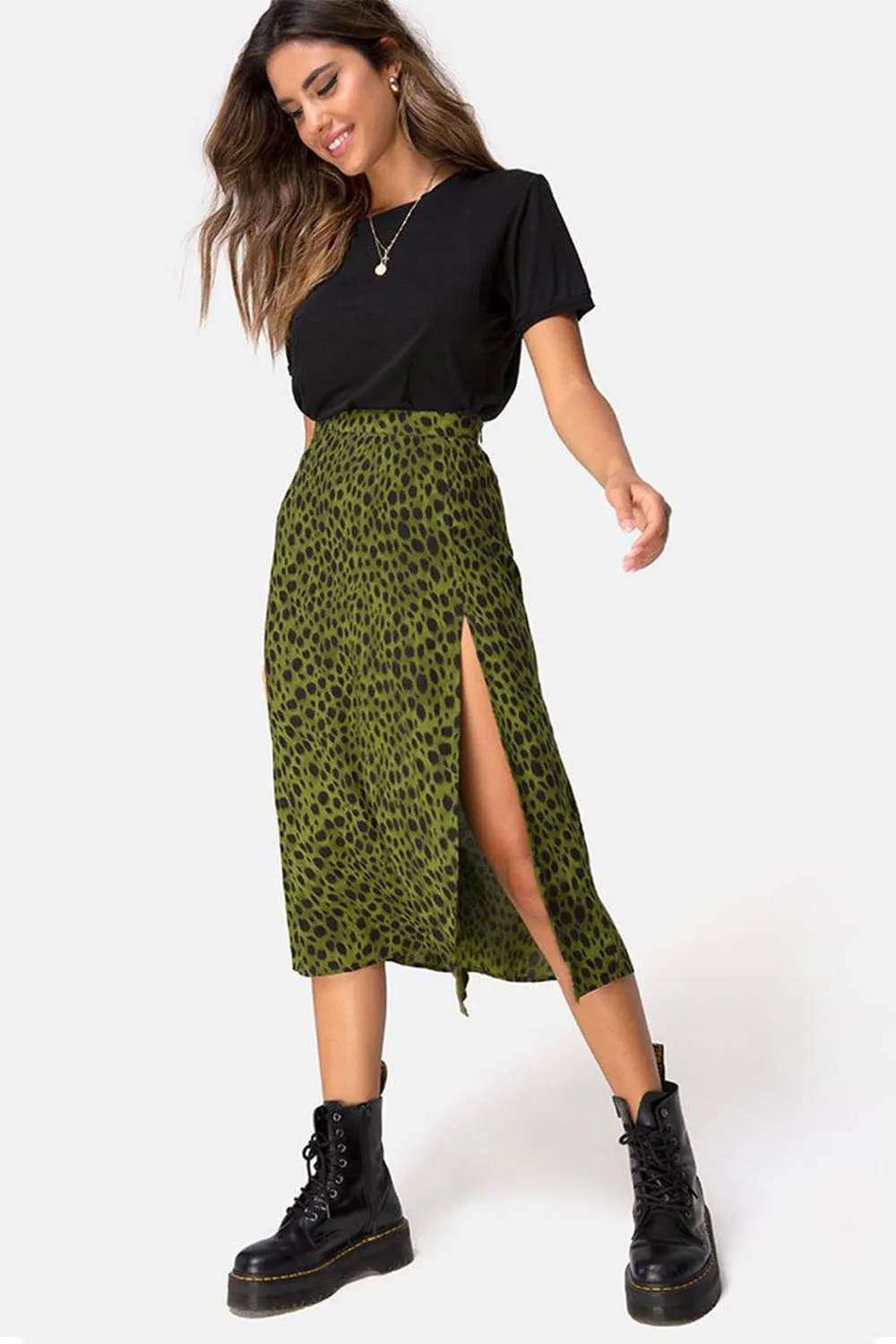 Green Leopard Print Split Midi Skirt