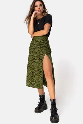 Green Leopard Print Split Midi Skirt