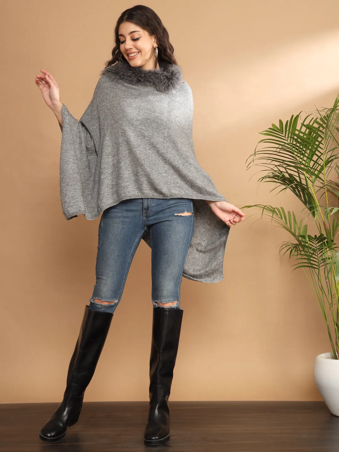 Grey Woolen Poncho an ideal winter poncho with fur