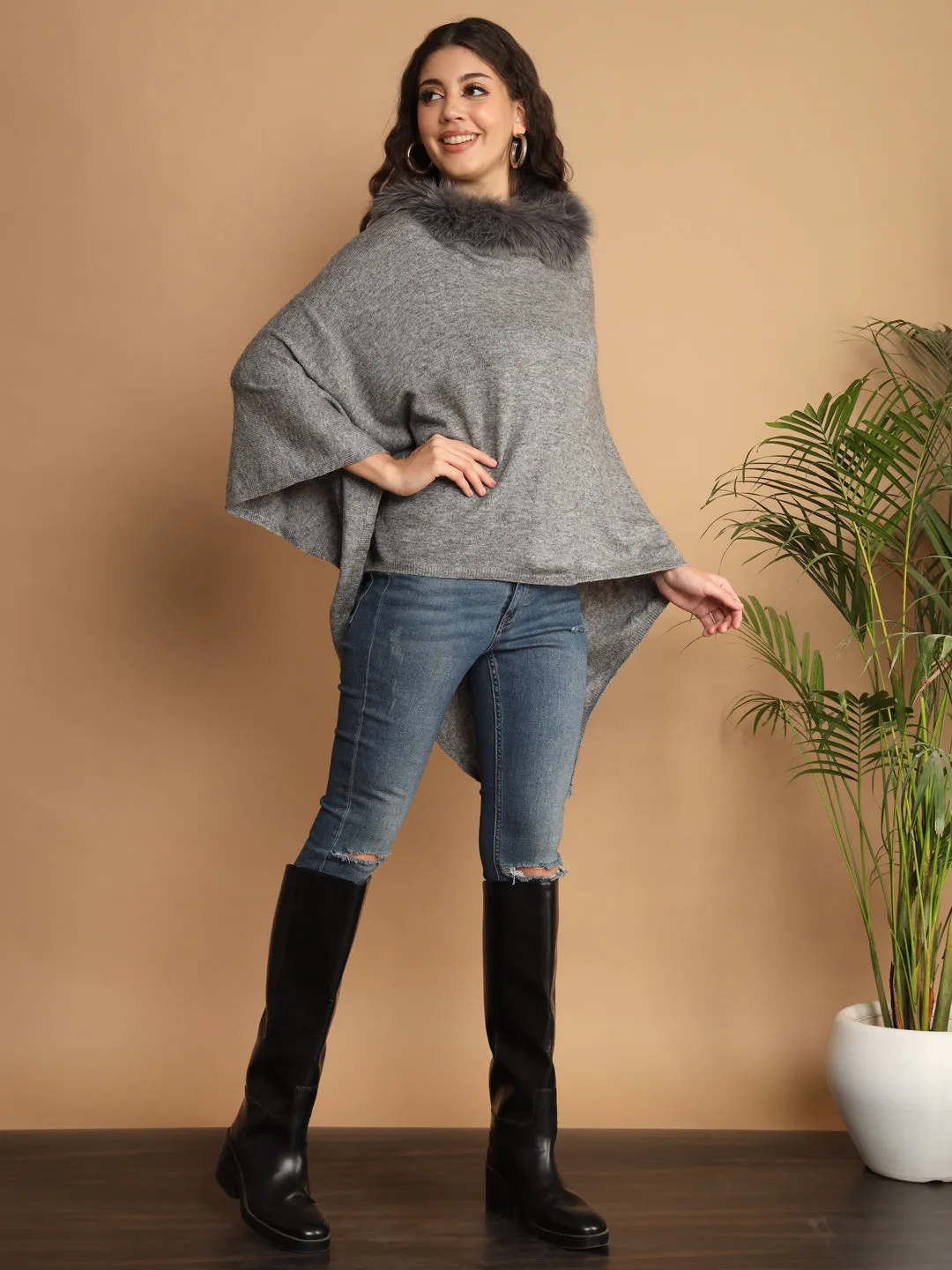 Grey Woolen Poncho an ideal winter poncho with fur