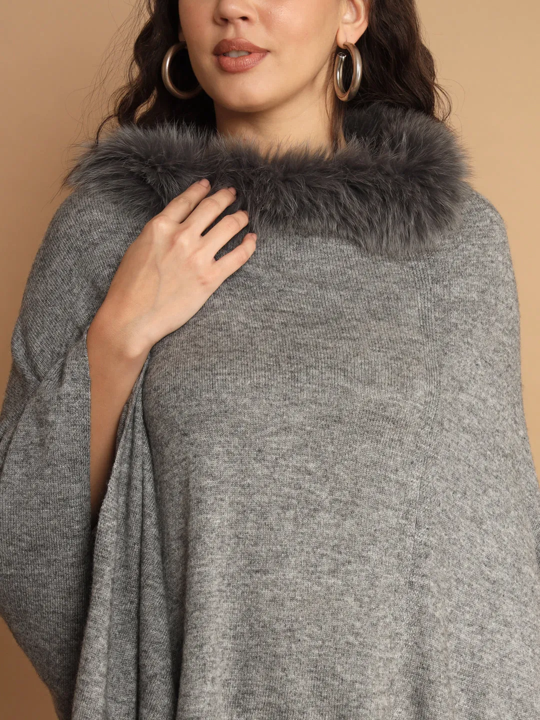 Grey Woolen Poncho an ideal winter poncho with fur