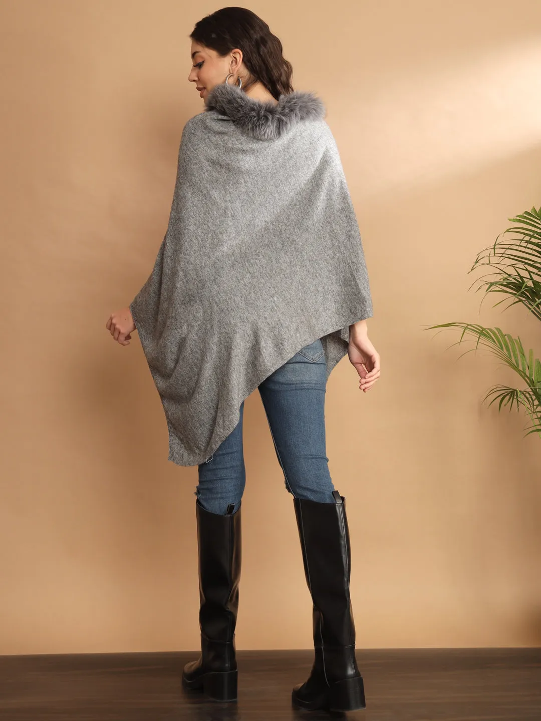 Grey Woolen Poncho an ideal winter poncho with fur