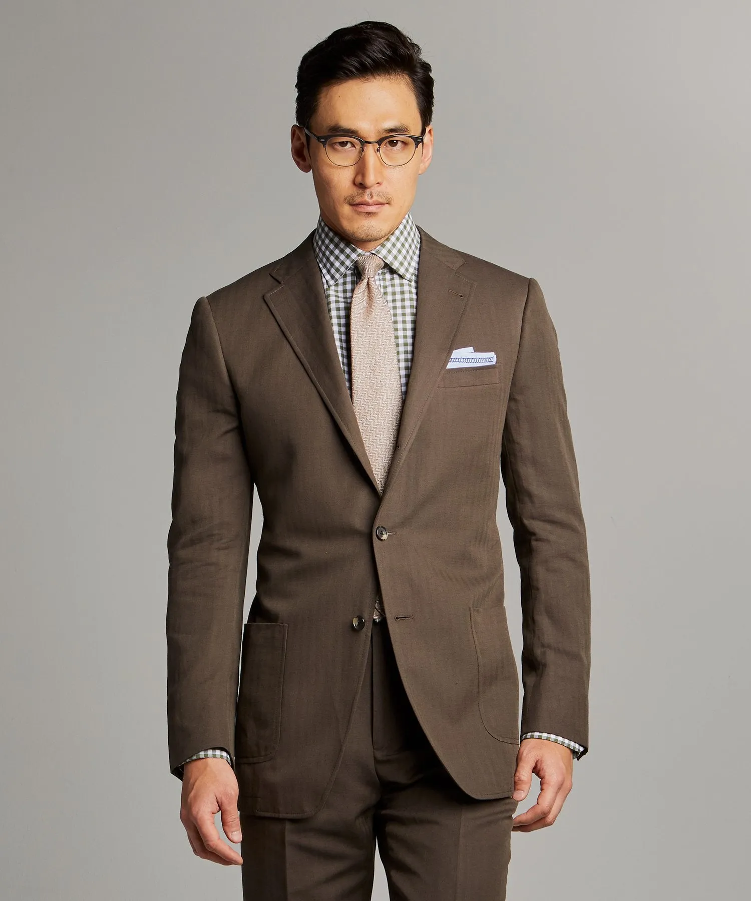 Herringbone Linen Sack Suit Jacket in Brown