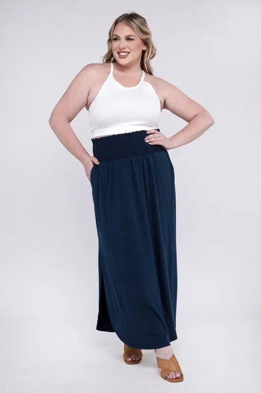 Hi Curvy Plus Size Women Smocked Waist Side Slit Maxi Skirt w/ Pockets