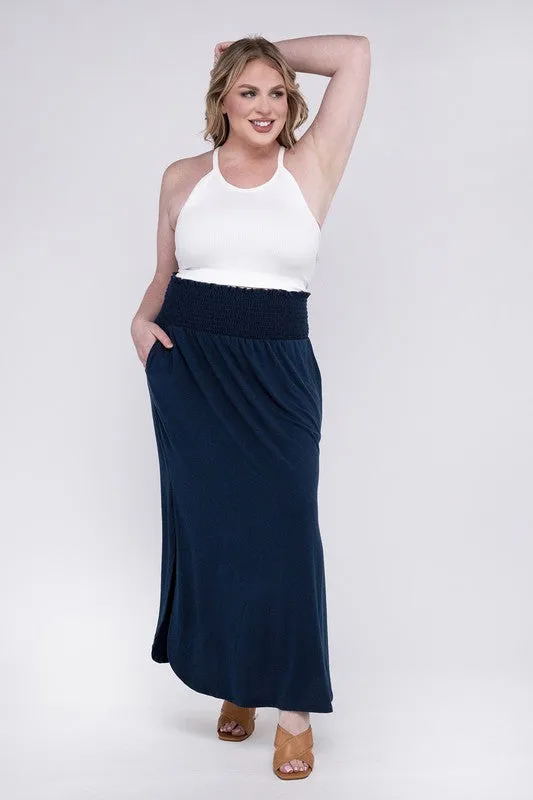 Hi Curvy Plus Size Women Smocked Waist Side Slit Maxi Skirt w/ Pockets