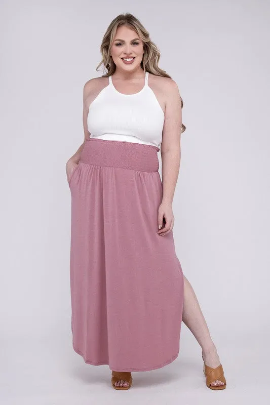 Hi Curvy Plus Size Women Smocked Waist Side Slit Maxi Skirt w/ Pockets