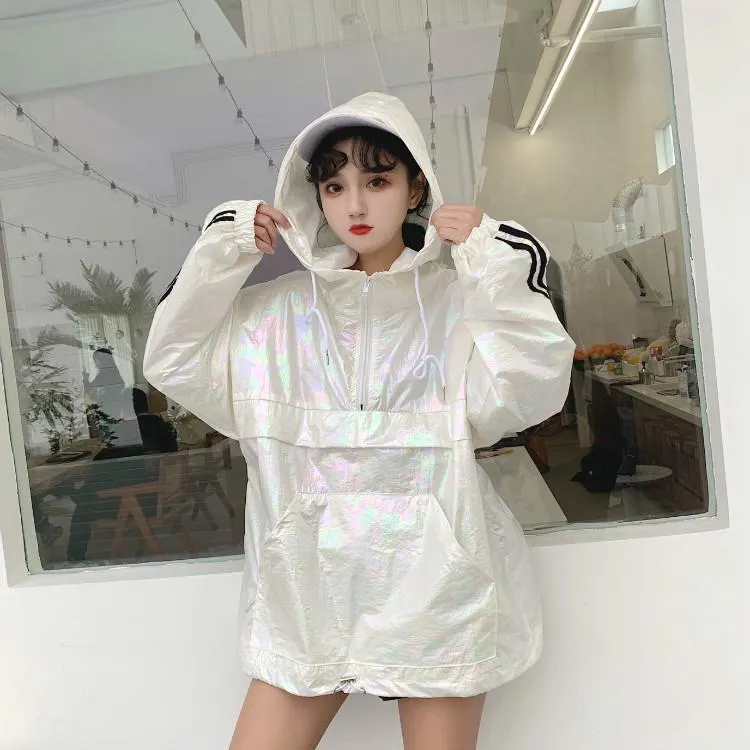 Holographic Windbreaker Sporty Zipper Hooded Jacket