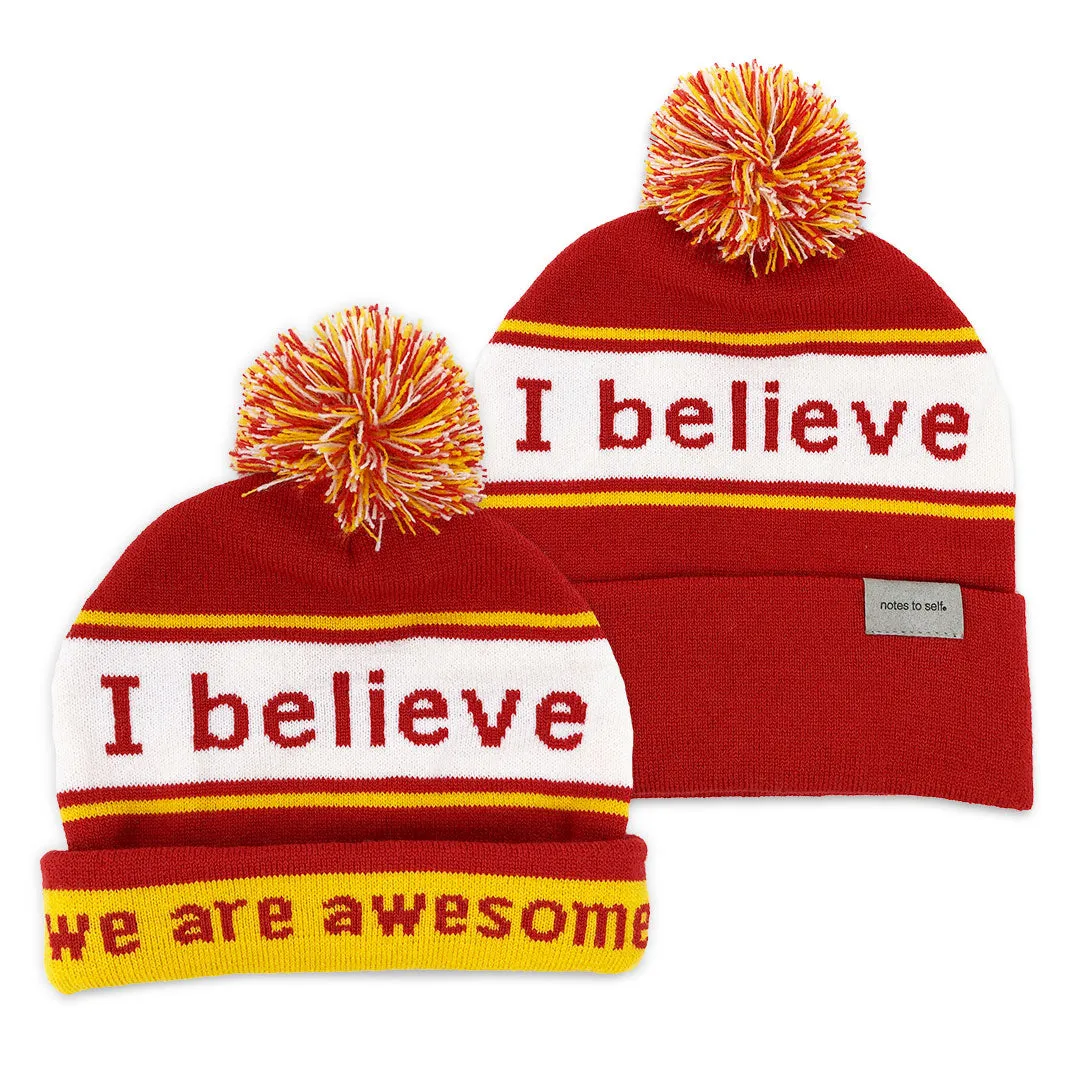 I believe™ red & gold knit beanie with We are awesome™ on inside cuff