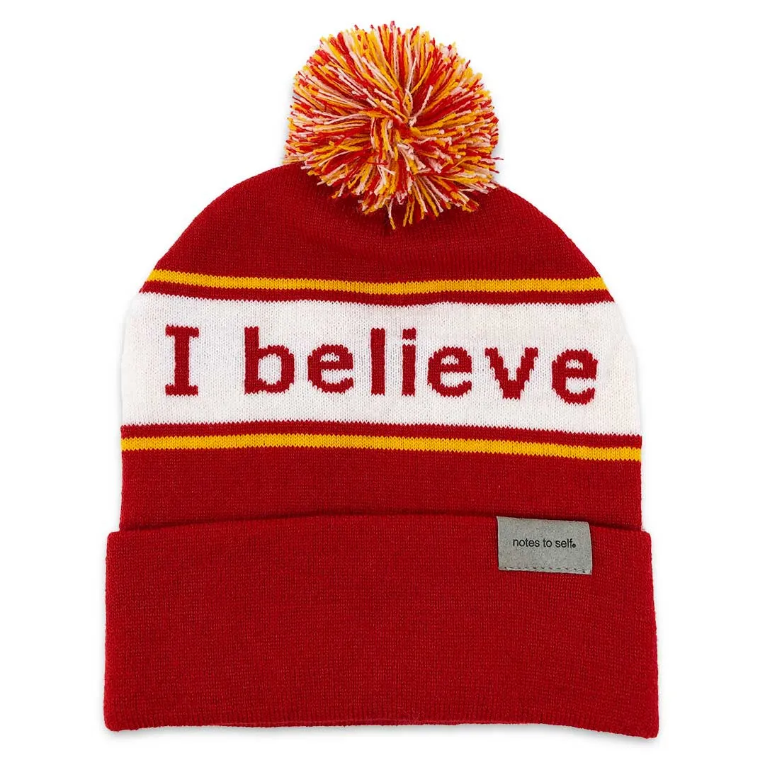 I believe™ red & gold knit beanie with We are awesome™ on inside cuff