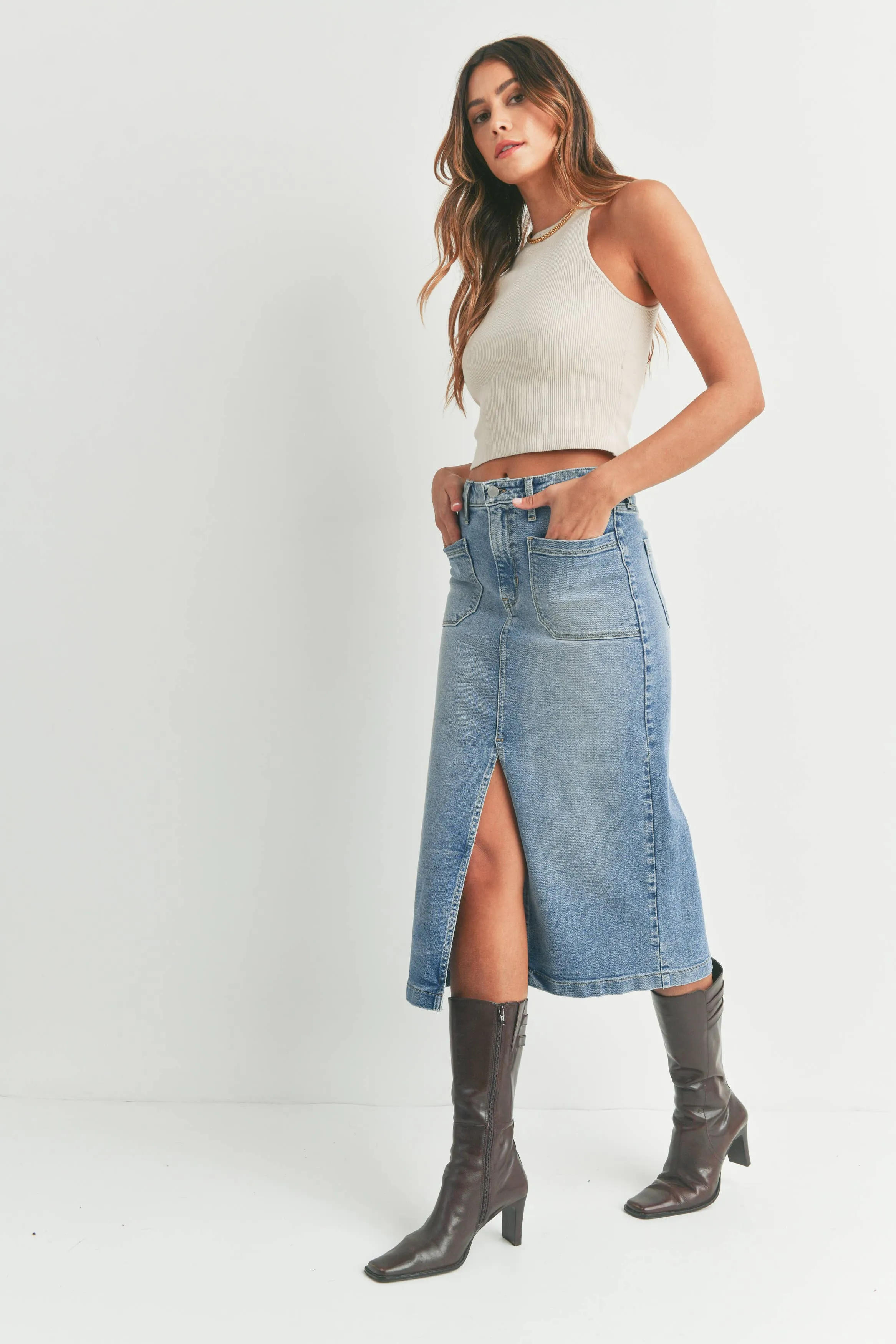 JUST BLACK DENIM - Utility Pockets Midi Skirt- Fast shipping