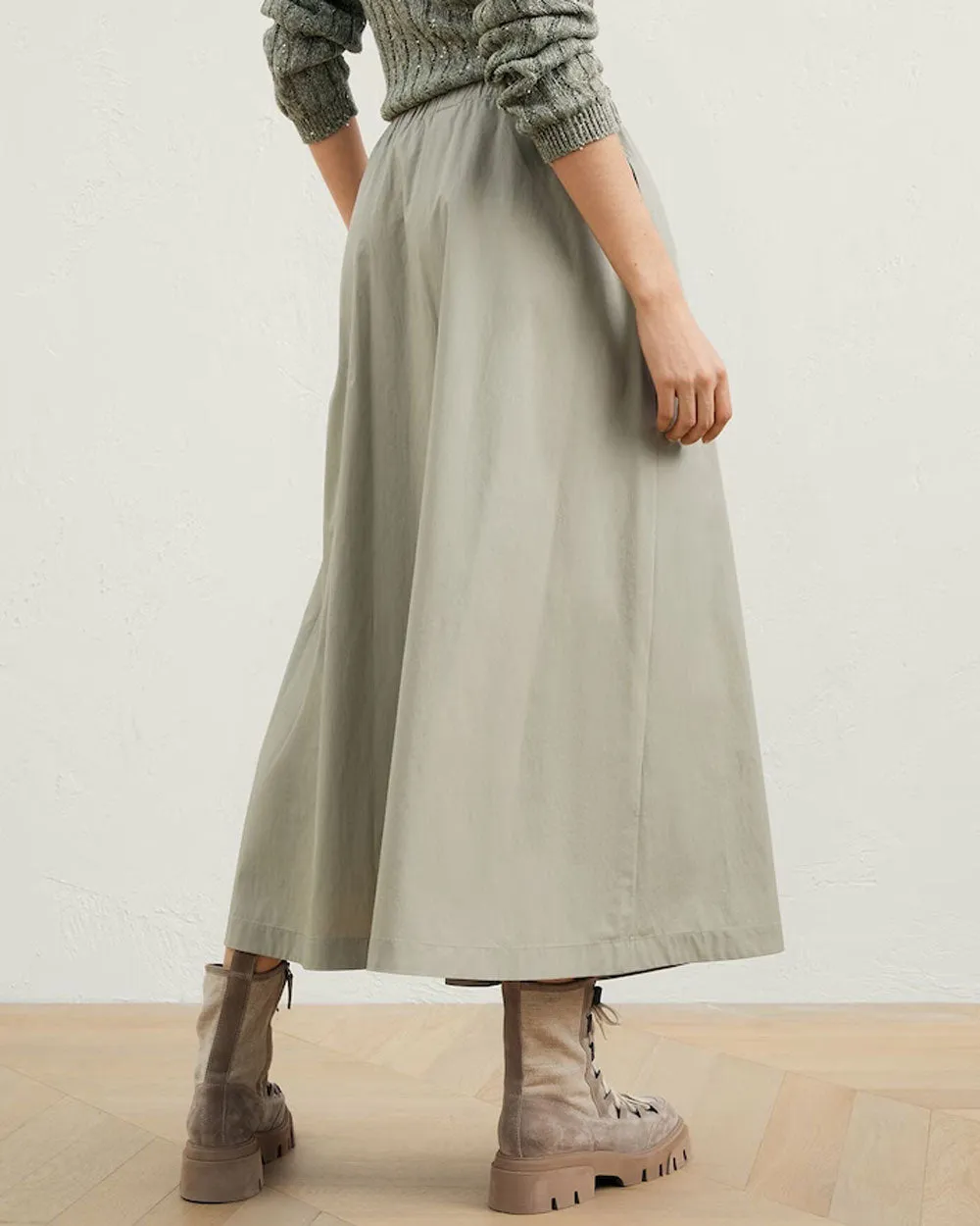 Khaki Cotton Midi Skirt