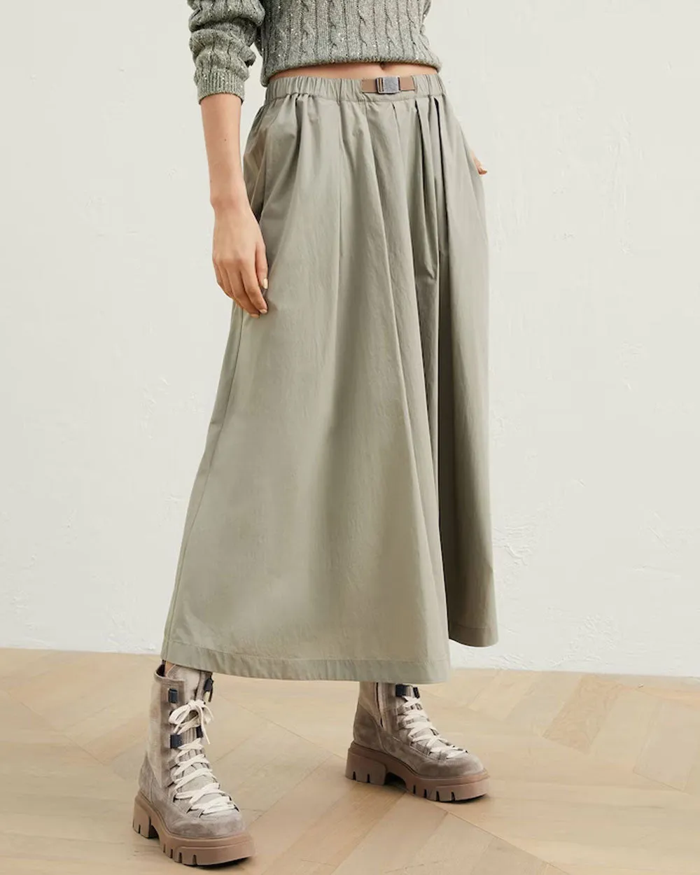 Khaki Cotton Midi Skirt