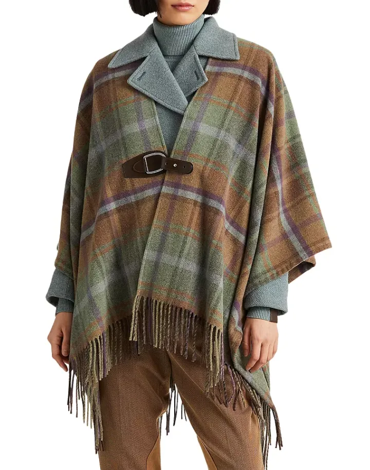 Lauren Ralph Lauren Plaid Fringe-Trim Wool-Blend Poncho