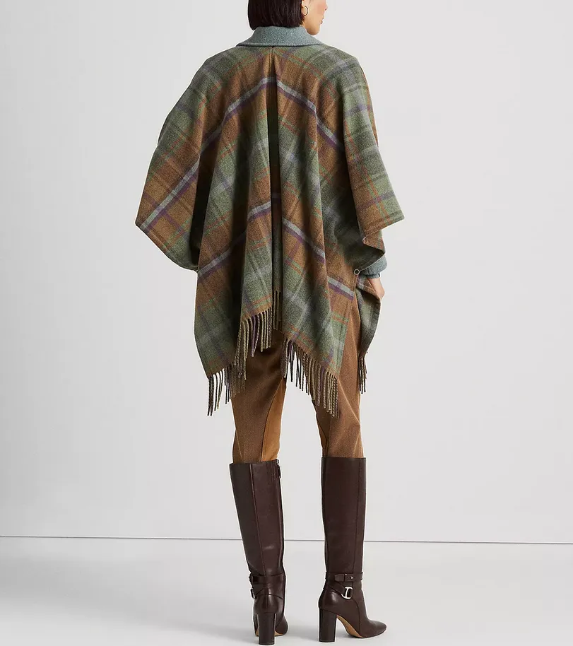 Lauren Ralph Lauren Plaid Fringe-Trim Wool-Blend Poncho