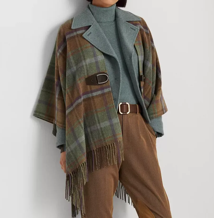 Lauren Ralph Lauren Plaid Fringe-Trim Wool-Blend Poncho