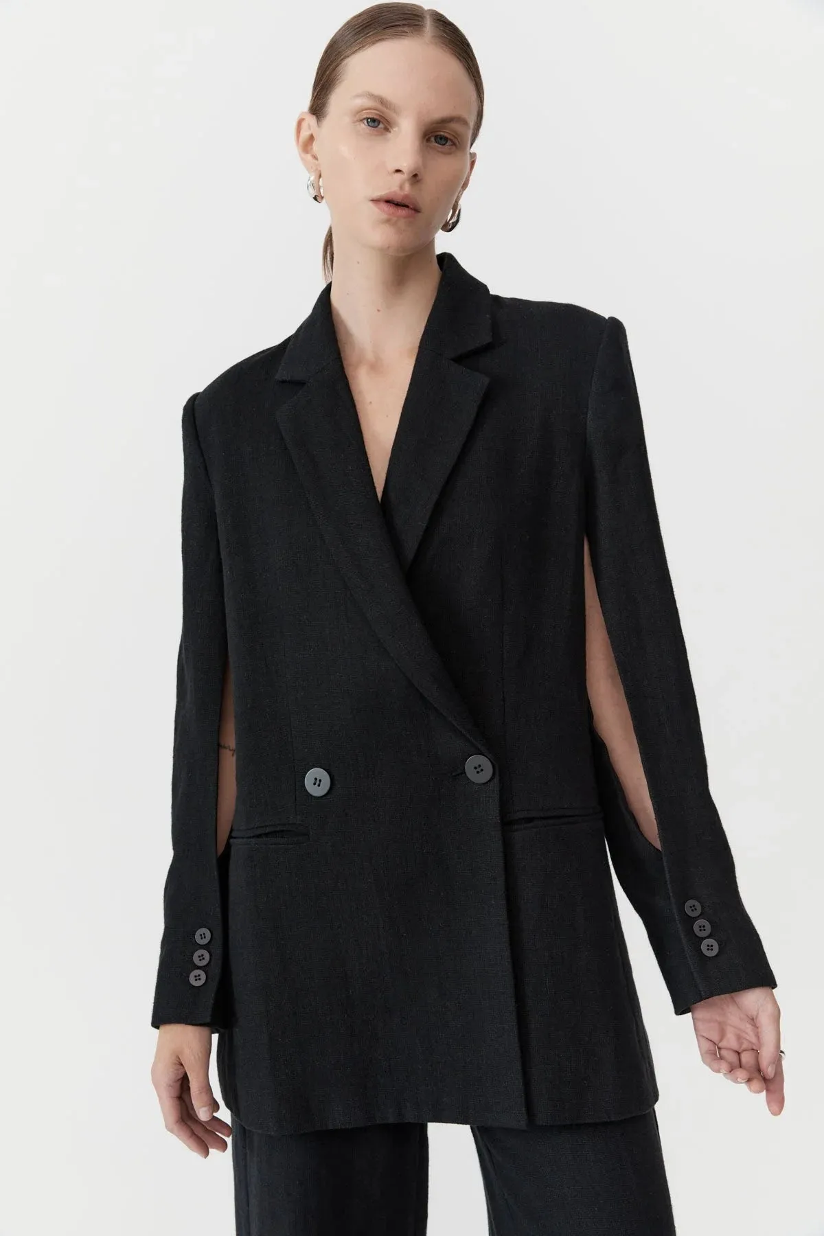 Linen Split Sleeve Blazer Black