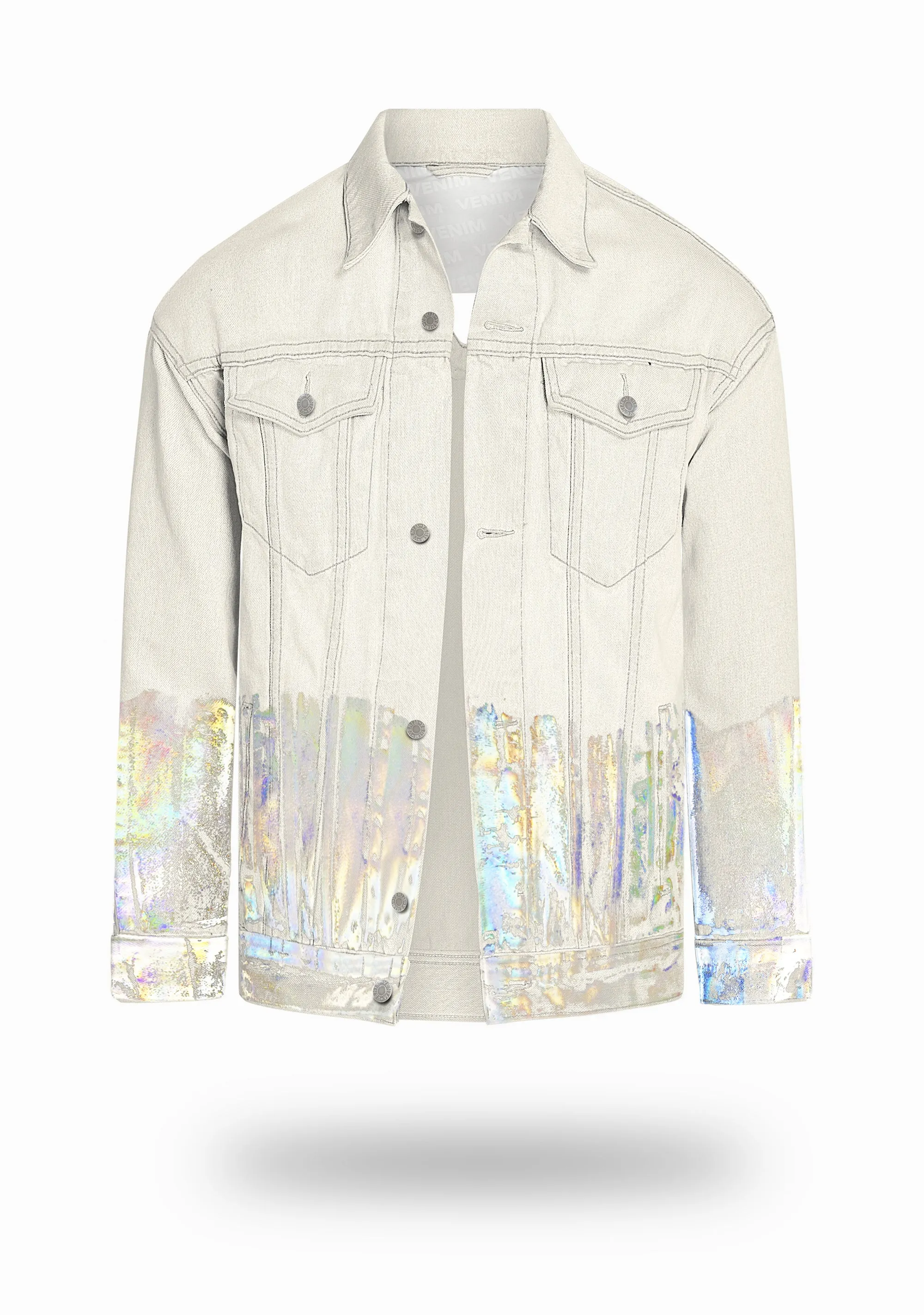 Longer Off-White Denim Jacket with Holographic Foil