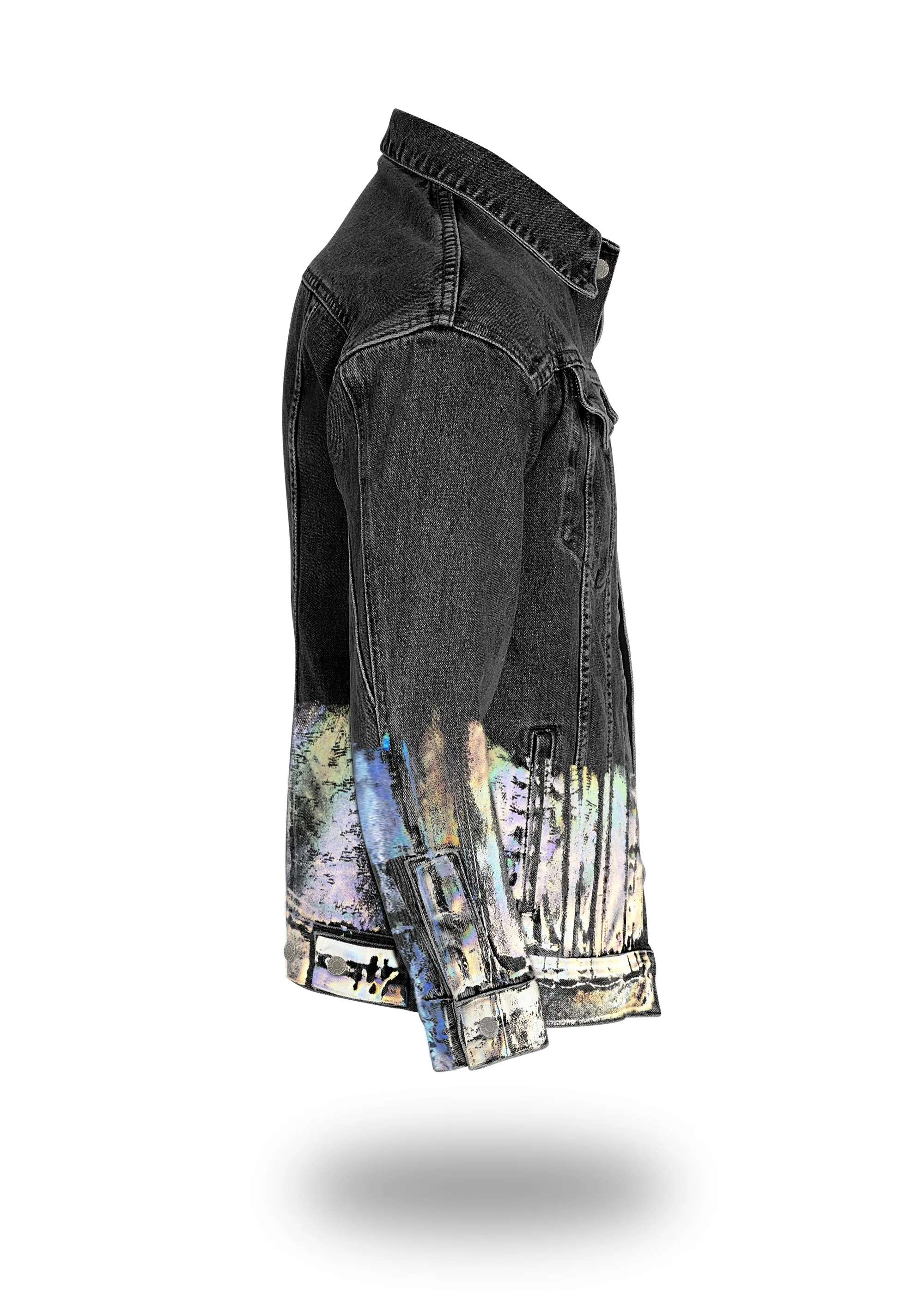 Longer Washed Black Denim Jacket with Holographic Foil