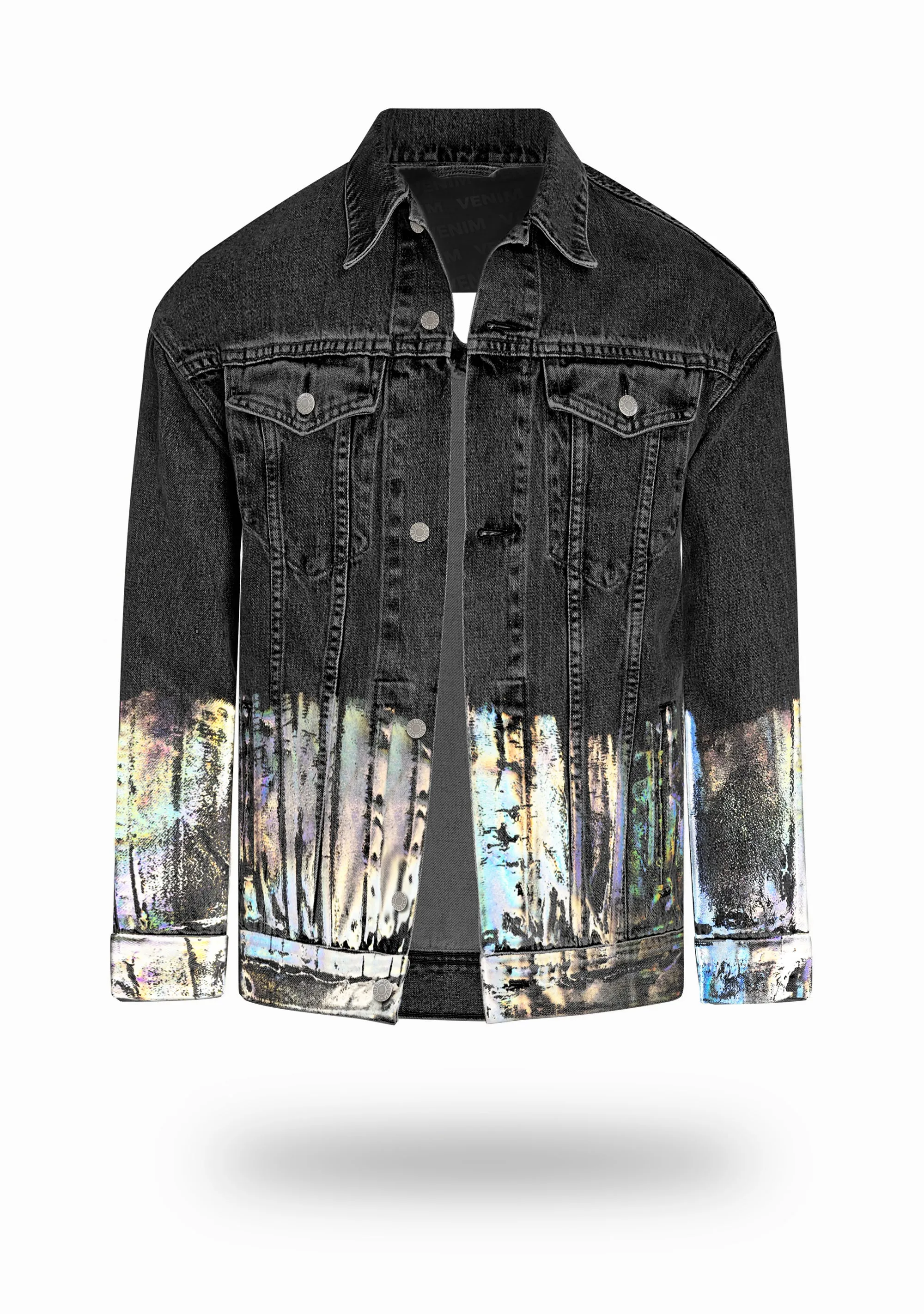 Longer Washed Black Denim Jacket with Holographic Foil