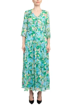 Maison Tara V Neck 3/4 Sleeve Floral Midi Dress with Matching Chiffon Jacket