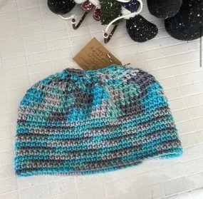 Marbled Aqua & Gray Messy Bun Ponytail Hat 22" Plain Stitch Outdoor Walking Hiking Winter Long Hair Grey Handmade Women Gift Accessory