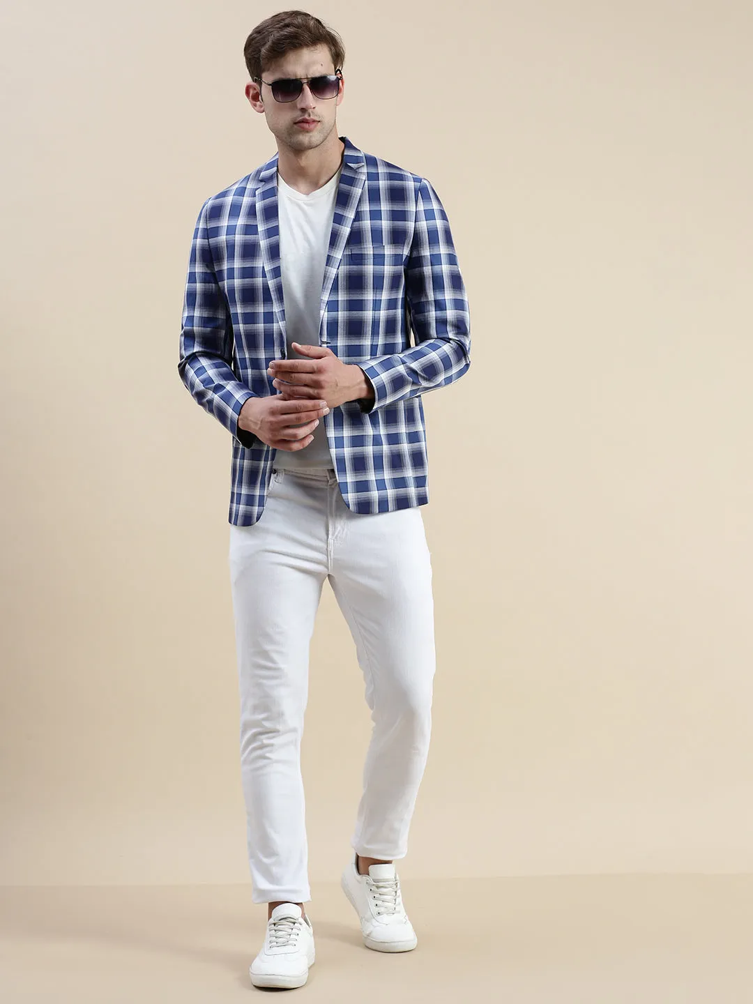 Men Blue Checked Casual Blazer