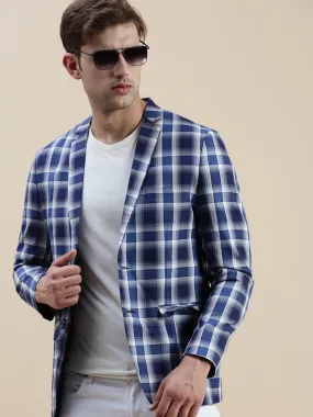 Men Blue Checked Casual Blazer