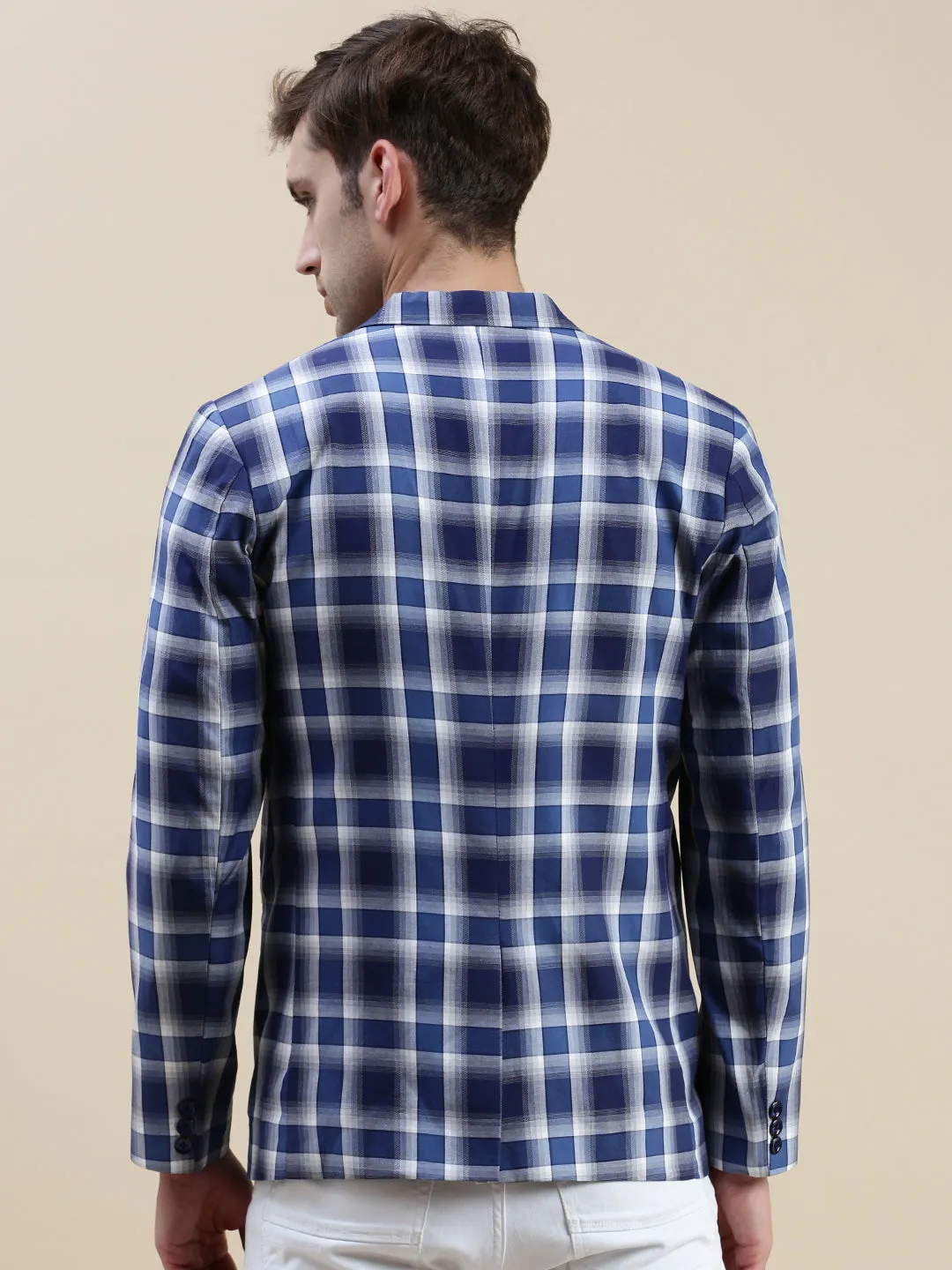 Men Blue Checked Casual Blazer