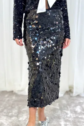 Millie Long Sequin Skirt In Black