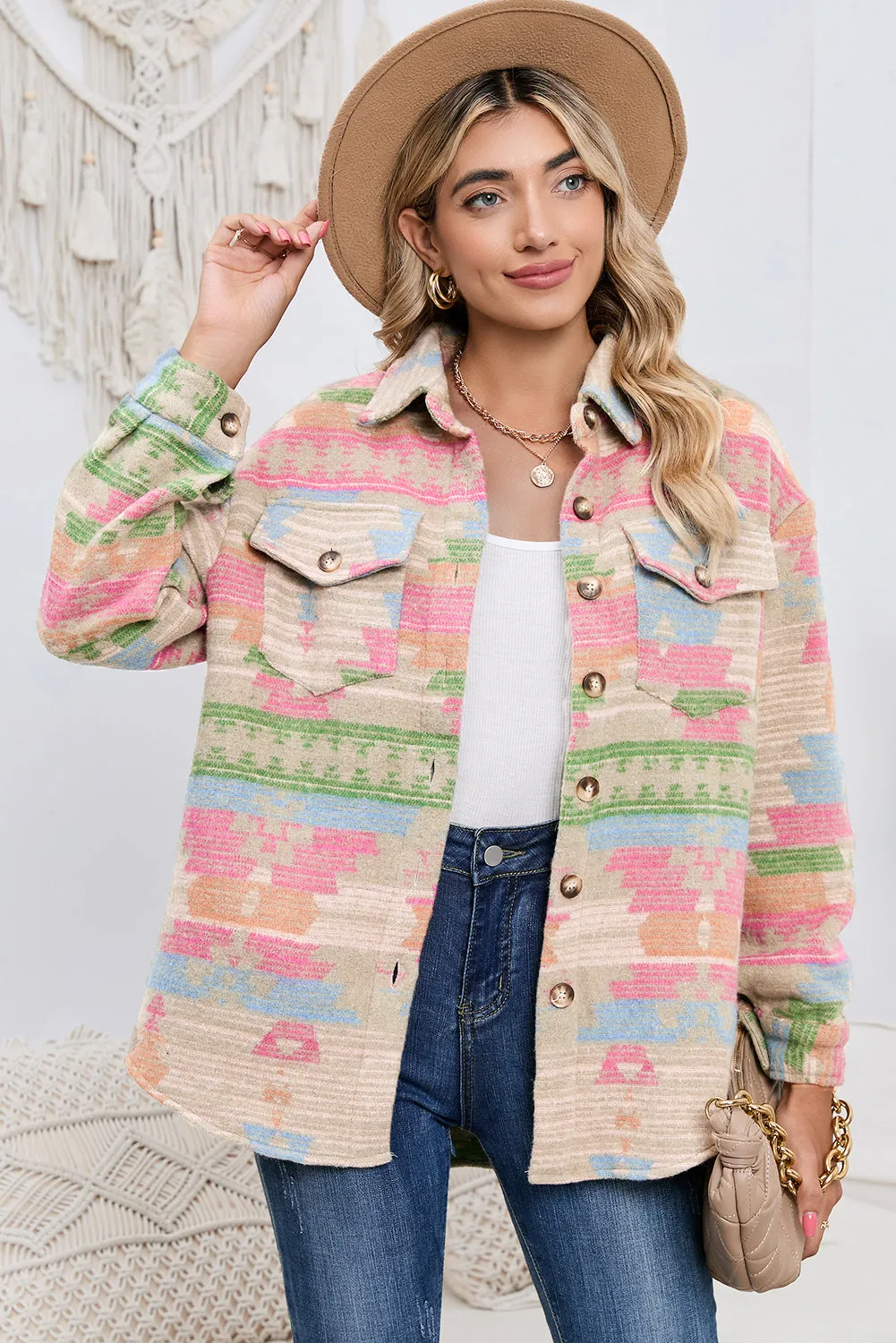 Multicolor Button Up Flap Pockets Geometric Jacket for Women