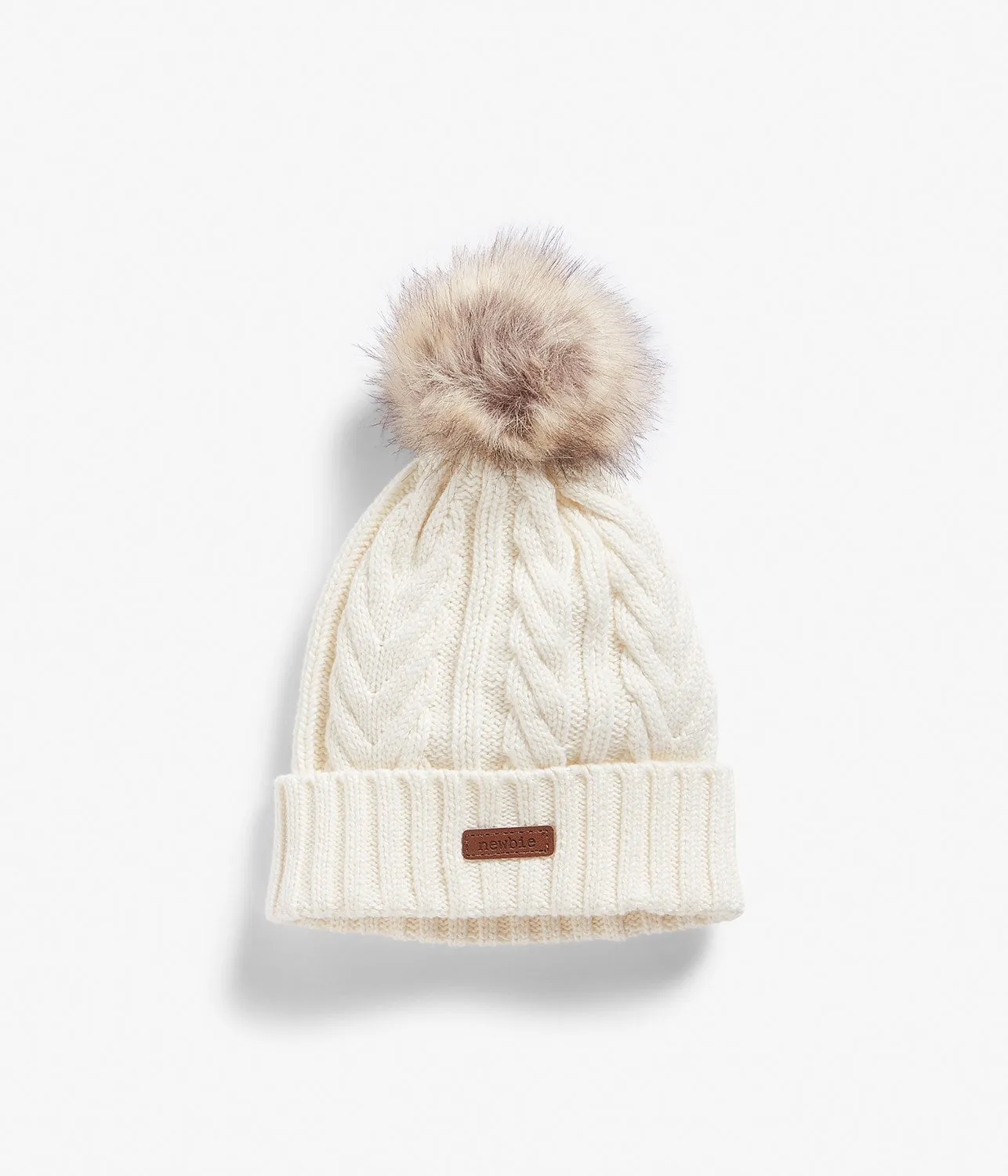 Off white cable knit beanie with pom pom