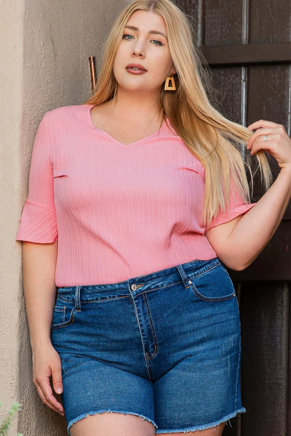 Peach Blossom Solid Color Textured V Neck Short Sleeve Plus Size Blouse