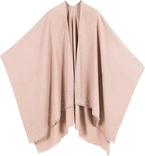 Pink-Beige Luxurious Knit Sweater Poncho Cardigan